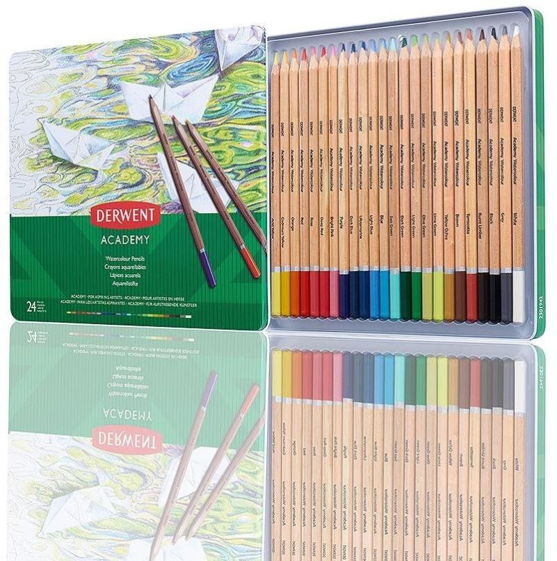 Pastelky DERWENT Academy Watercolour Pencils Tin v plechové krabičce, šestihranné, 24 barev