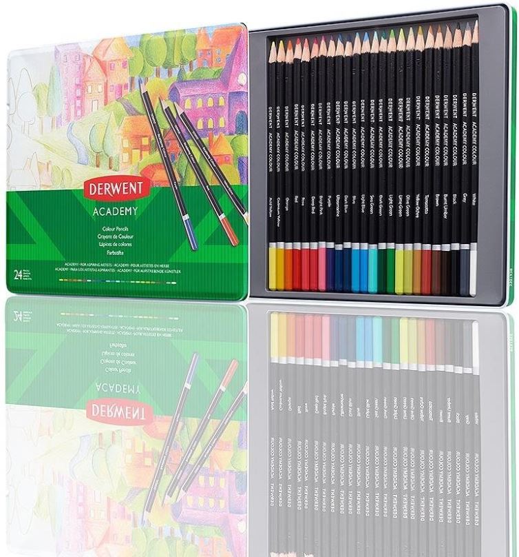 Pastelky DERWENT Academy Colour Pencil Tin v plechové krabičce, kulaté, 24 barev