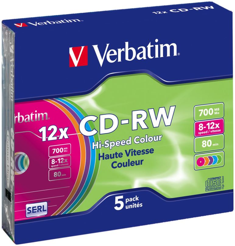 Média VERBATIM CD-RW SERL 700MB, 12x, colour, slim case 5 ks
