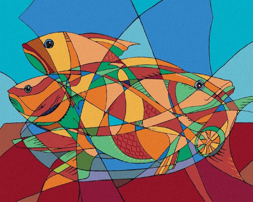 Malování podle čísel Abstraktní kubické ryby, 80x100 cm, vypnuté plátno na rám