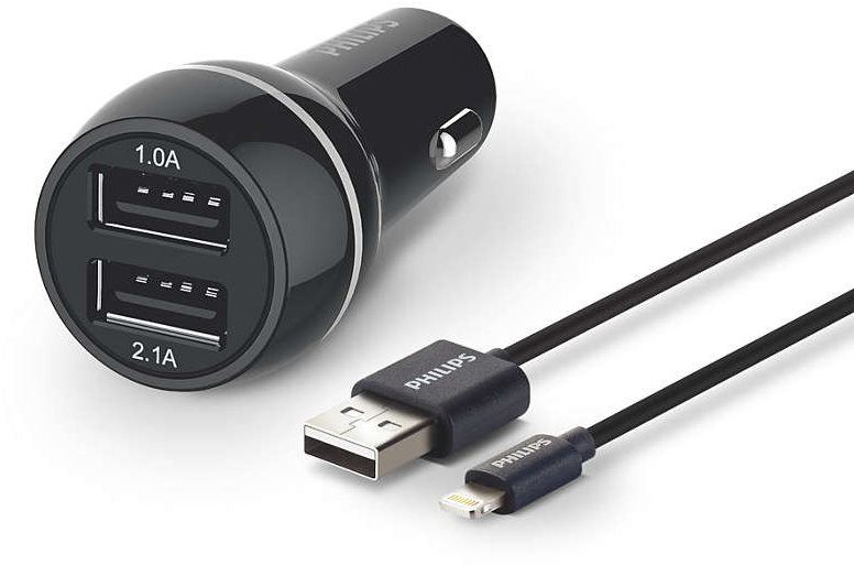 Nabíječka do auta Philips Dual Car Charger 2x USB 3.1A s kabelem Lightning/ MFi, černá