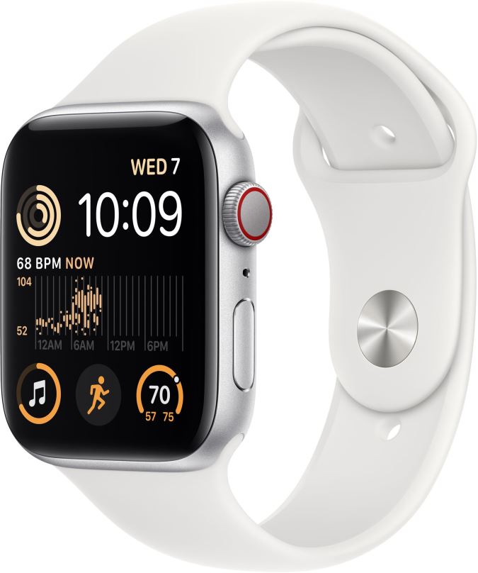 Chytré hodinky Apple Watch SE (2022) 44mm Cellular Stříbrný hliník s bílým sportovním řemínkem