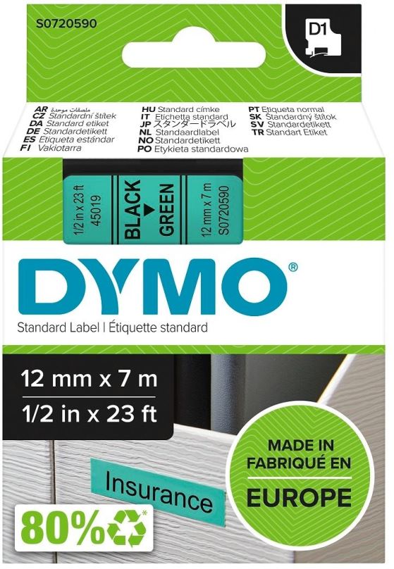 TZ páska Dymo D1, 45019, S0720590, zelená/černá , 12mm