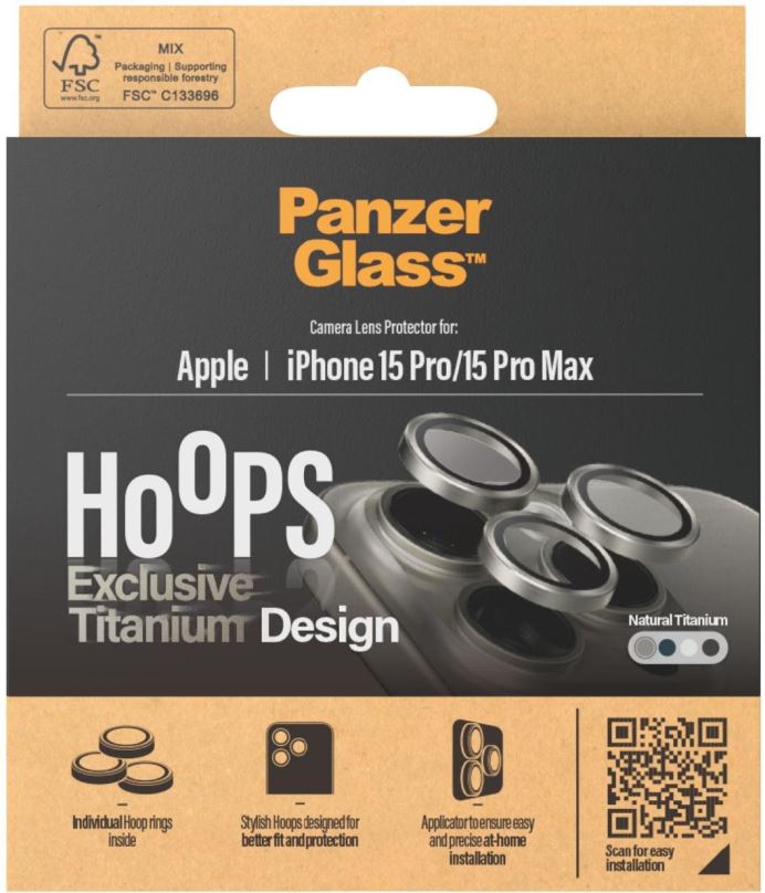 Ochranné sklo na objektiv PanzerGlass HoOps Apple iPhone 15 Pro/15 Pro Max - ochranné kroužky pro čočky fotoaparátu - přírodní