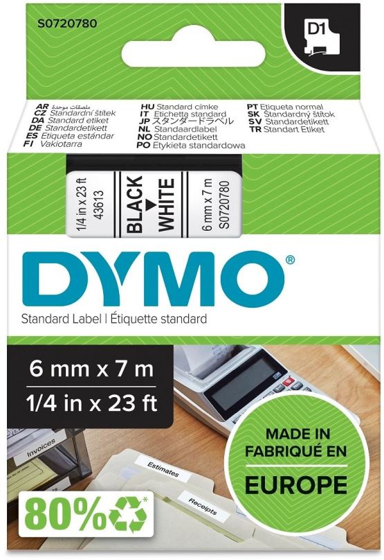 TZ páska Dymo D1, S0720780, 6mm, bílá/černá