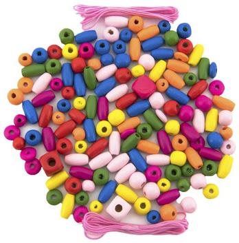 Korálky Teddies Korálky dřevěné barevné s gumičkami cca 900 ks v plastové dóze