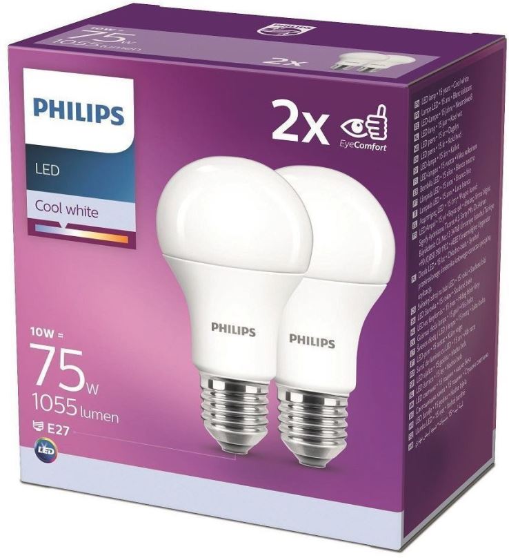 LED žárovka Philips LED 10-75W, E27 4000K, 2ks