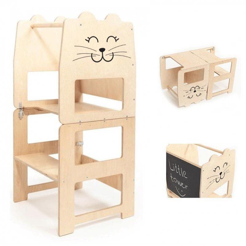 Učicí věž Dětská učící věž 3v1 s kreslící tabulí rozložitelná na stoleček se židličkou - Kočička, Přírodní