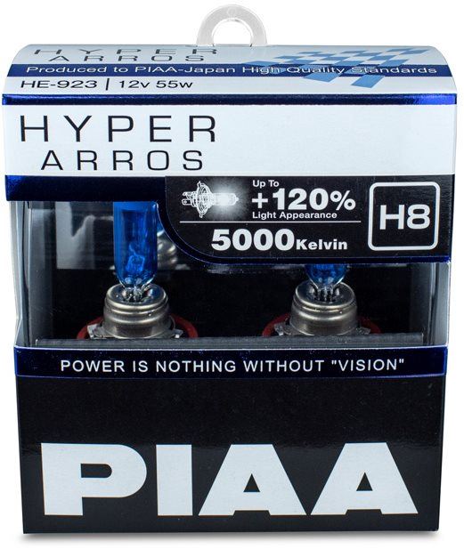 Autožárovka PIAA Hyper Arros 5000K H8 + 120%.  jasně bílé světlo o teplotě 5000K, 2ks