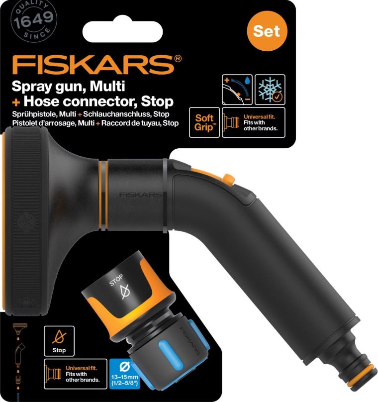 Sada na zavlažování FISKARS Comfort set - zavlažovací pistole multi + hadicová spojka Comfort STOP 1/2" - 5/8"