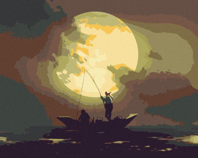 Malování podle čísel Rybáři chytající ryby při měsíčním svitu, 40x50 cm, vypnuté plátno na rám