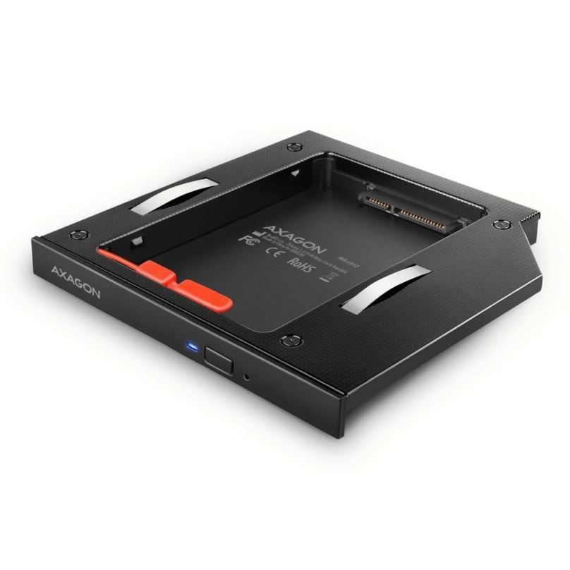 Rámeček na disk AXAGON RSS-CD12, ALU caddy for 2.5" SSD/HDD into 12.7 mm laptop DVD slot, screwless. LED
