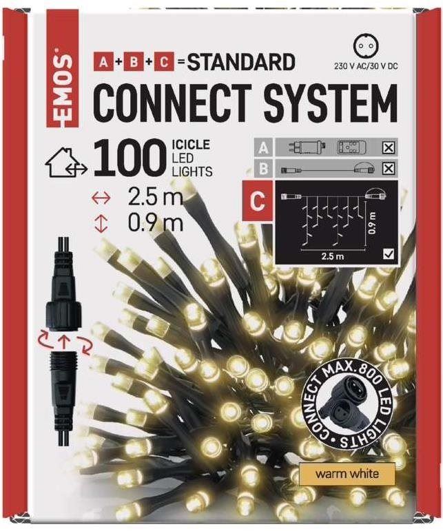 Světelný řetěz EMOS Standard LED spojovací vánoční řetěz – rampouchy, 2,5 m, venkovní, teplá bílá