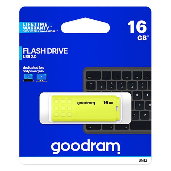 Goodram USB flash disk, USB 2.0, 16GB, UME2, žlutý, UME2-0160Y0R11, USB A, s krytkou