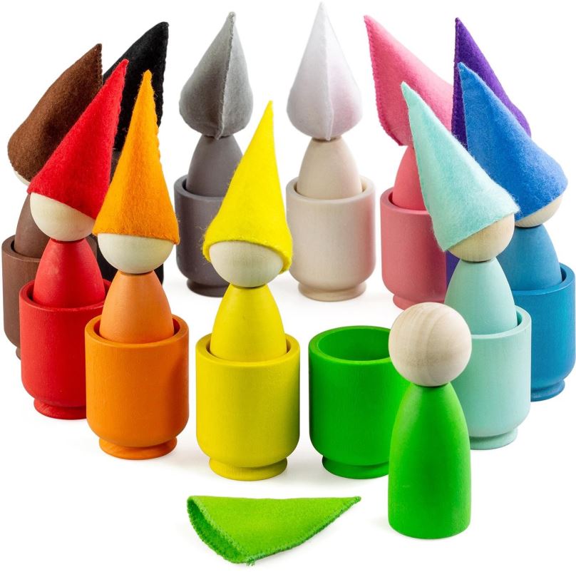 Vzdělávací sada Ulanik Montessori dřevěná hračka "Peg Dolls with Hats in Cups"