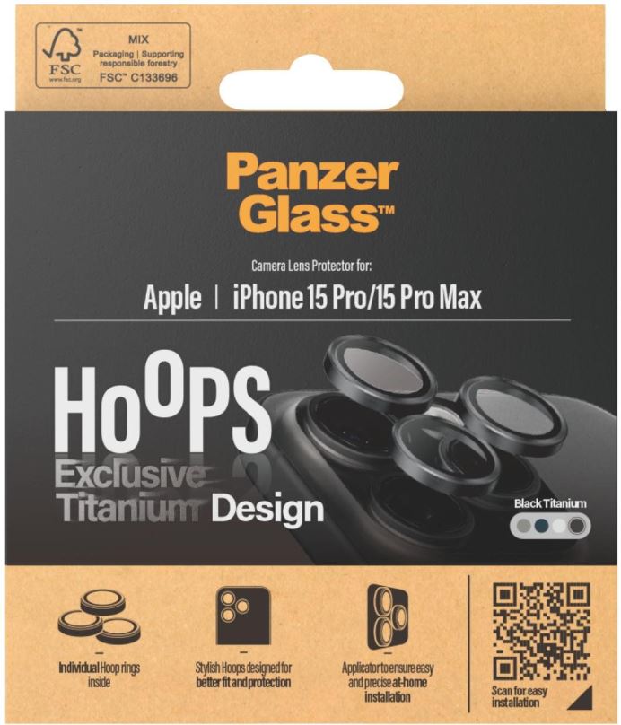 Ochranné sklo na objektiv PanzerGlass HoOps Apple iPhone 15 Pro/15 Pro Max - ochranné kroužky pro čočky fotoaparátu - černý ti