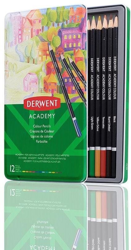 Pastelky DERWENT Academy Colour Pencil Tin v plechové krabičce, kulaté, 12 barev
