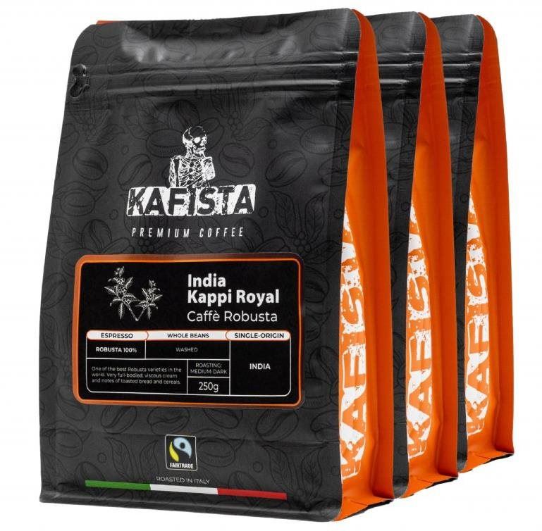 Káva Kafista "India Kappi Royal" - 100% Robusta, Pražená v Itálii - zrnková káva na espresso 3 x 250 g