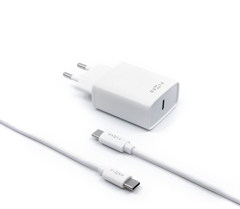 Nabíječka do sítě FIXED Travel s USB-C výstupem a USB-C/USB-C kabelu podpora PD 1m 18W bílá