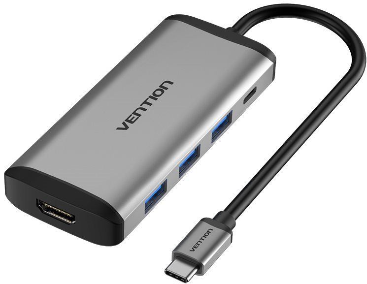 Replikátor portů Vention 5-in-1 USB-C to HDMI + 3x USB3.0 + PD Converter 0.15M Gray Metal Type