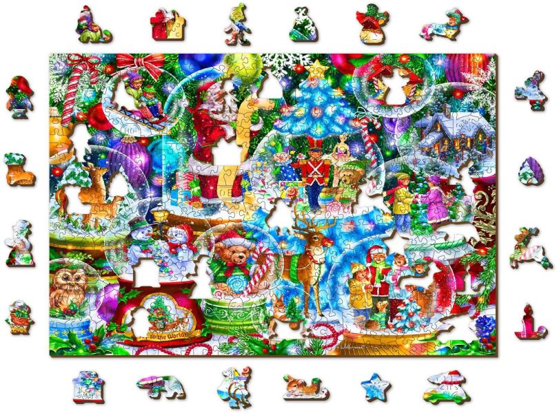 Puzzle Woden City Dřevěné puzzle Vánoční sněžítka 2v1, 505 dílků eko