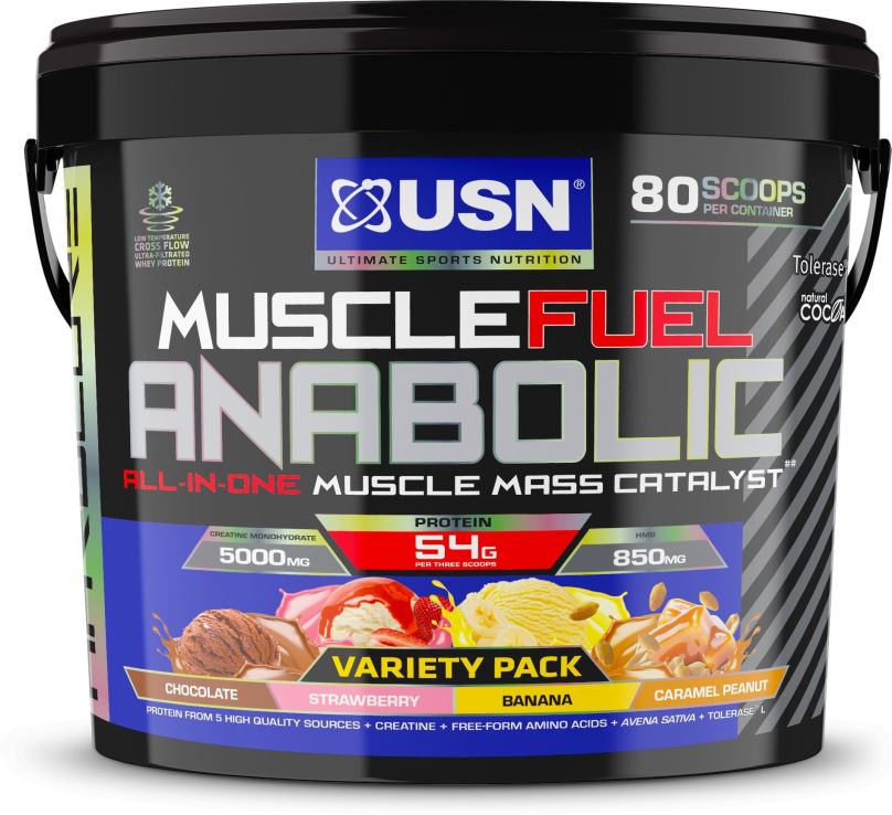 Gainer USN Muscle Fuel Anabolic Variety pack (Čokoláda, Jahoda, Banán a Arašídy s karamelem) 4kg
