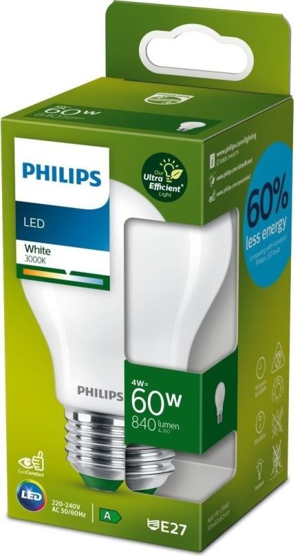 LED žárovka Philips LED 4-60W, E27, 3000K, mléčná, A
