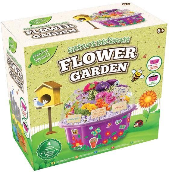 Kreativní sada Grow&decorate vypěstuj si květiny, 4 druhy sazenic, s doplňky, v PVC květináči, v krabičce