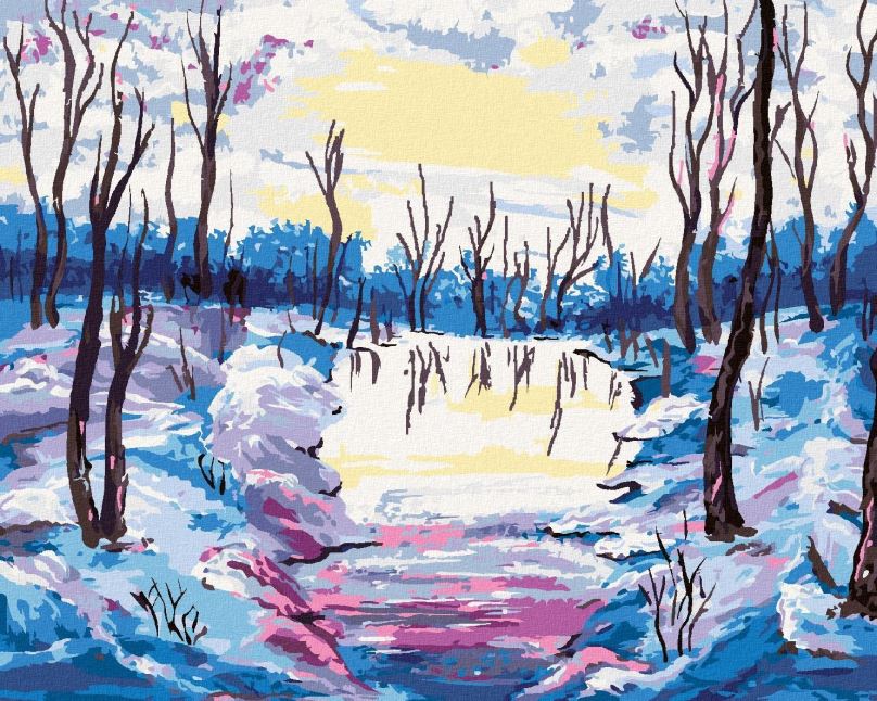 Malování podle čísel Zimní les s výhledem na řeku, 80x100 cm, bez rámu a bez vypnutí plátna