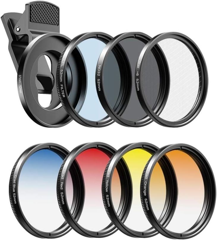 Objektiv pro mobilní telefon Apexel 52mm Filter Kit--Grad Red/Blue/Yellow/Orange/ND32/Star Filter/CPL