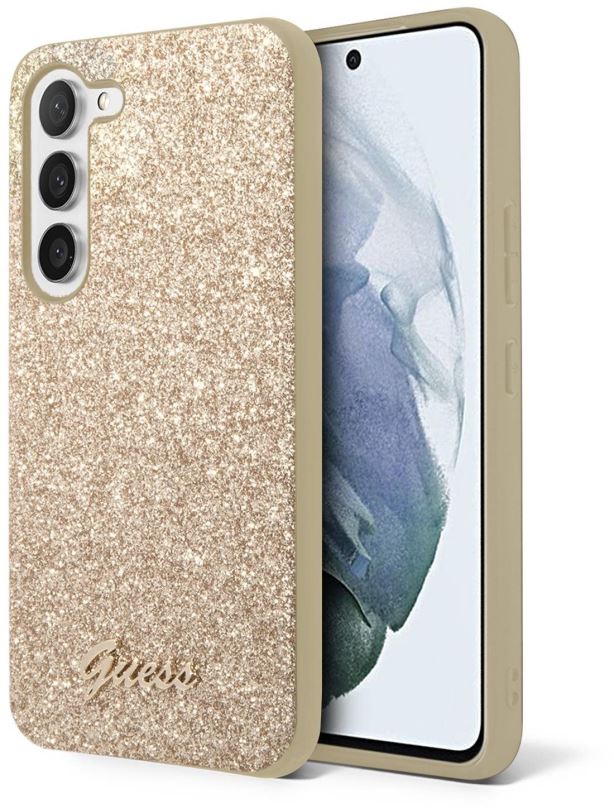 Kryt na mobil Guess PC/TPU Glitter Flakes Metal Logo Zadní Kryt pro Samsung Galaxy S23 Gold