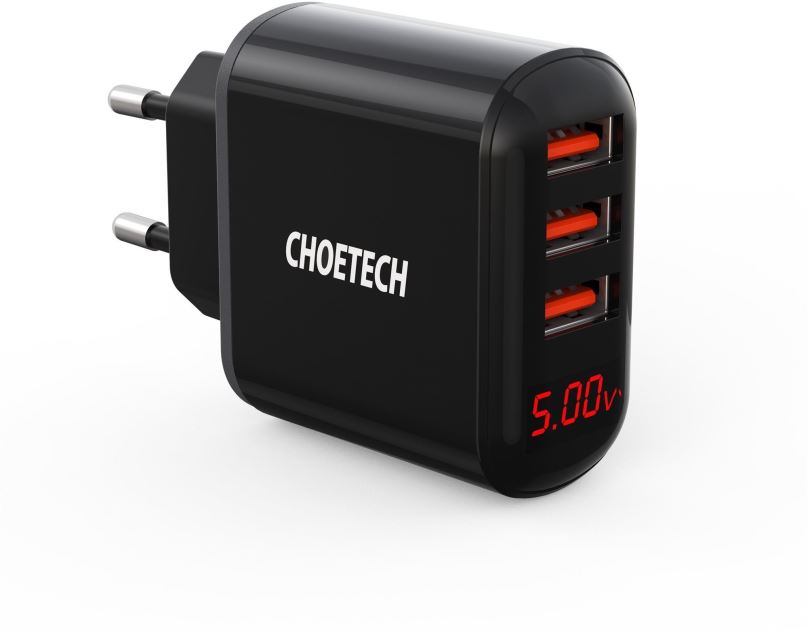 Nabíječka do sítě ChoeTech 5V/3.4A 3x USB-A Digital Display Wall Charger