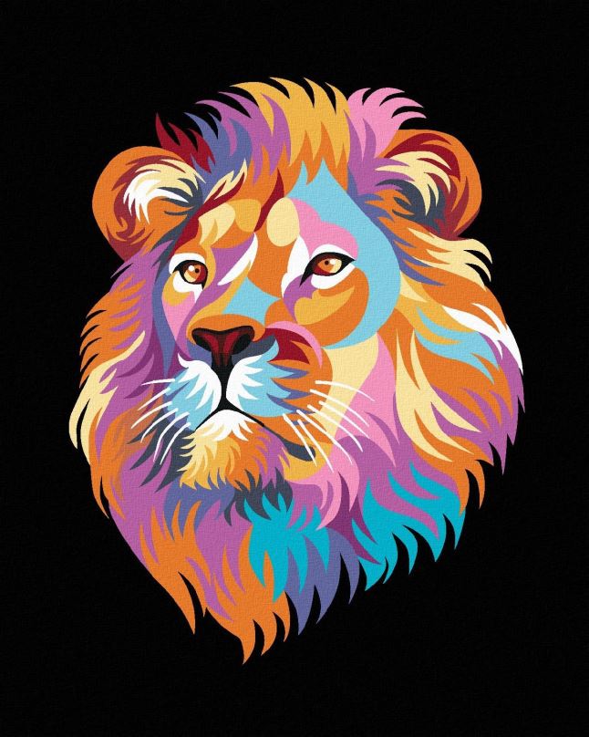 Malování podle čísel Krásný barevný lev na černém pozadí, 80x100 cm, vypnuté plátno na rám
