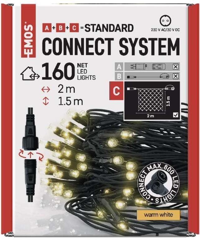 Světelný řetěz EMOS Standard LED spojovací vánoční řetěz – síť, 1,5x2 m, venkovní, teplá bílá