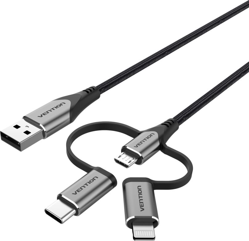 Datový kabel Vention MFi USB 2.0 to 3-in-1 Micro USB & USB-C & Lightning Cable 1.5m Gray Aluminum Alloy Type