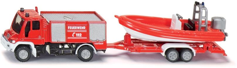 Kovový model Siku Blister – Požární vozidlo Unimog s člunem