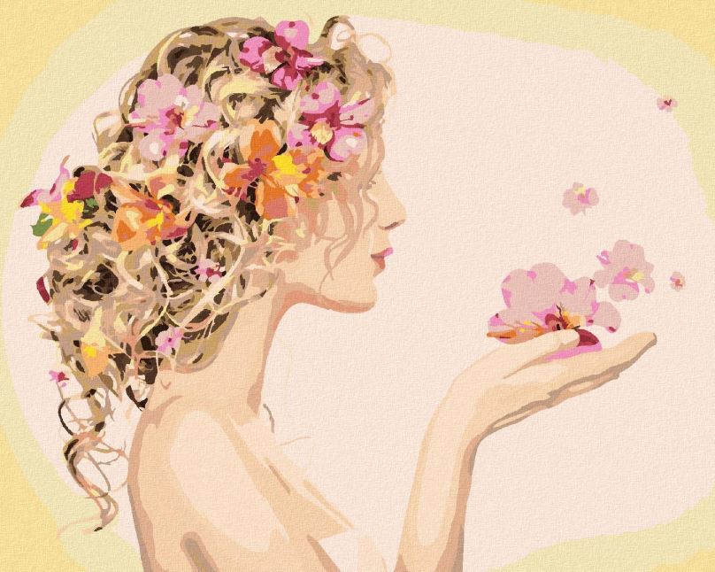 Malování podle čísel Žena a její účes s květinami, 80x100 cm, bez rámu a bez vypnutí plátna