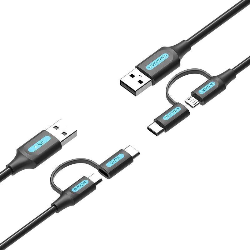Datový kabel Vention USB 2.0 to 2-in-1 Micro USB & USB-C Cable 0.25M Black PVC Type