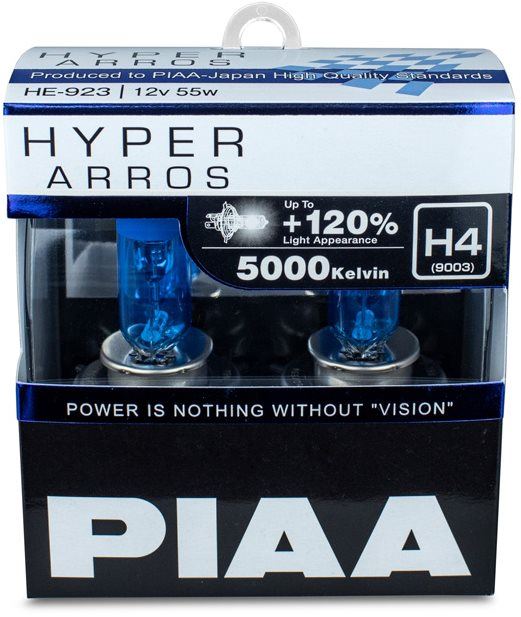 Autožárovka PIAA Hyper Arros 5000K H4 + 120%. jasně bílé světlo o teplotě 5000K, 2ks