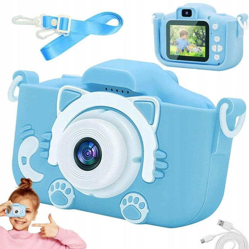 Dětský fotoaparát Verk Multifunkční digitální fotoaparát pro děti 9 x 6 x 5 cm, modrý s kočičkou
