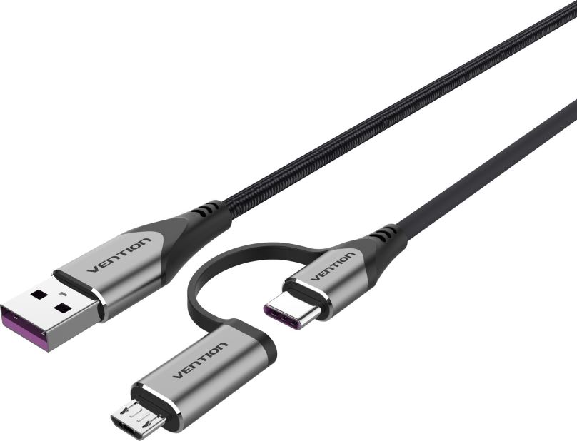 Datový kabel Vention USB 2.0 to 2-in-1 USB-C & Micro USB Male 5A Cable 1m Gray Aluminum Alloy Type