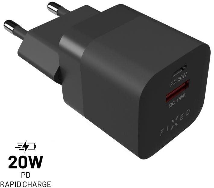 Nabíječka do sítě FIXED PD Rapid Charge Mini s USB-C a USB výstupem podpora PD a QC 3.0 20W černý