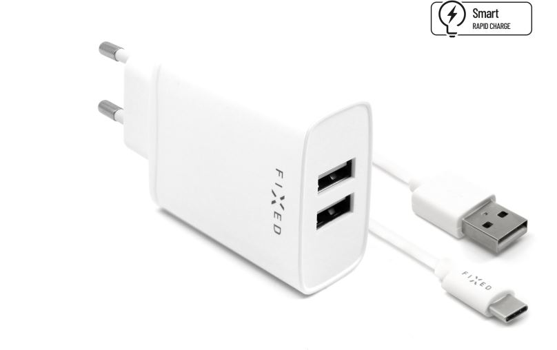 Nabíječka do sítě FIXED Smart Rapid Charge 15W s 2xUSB výstupem a USB/USB-C kabelem 1m bílá