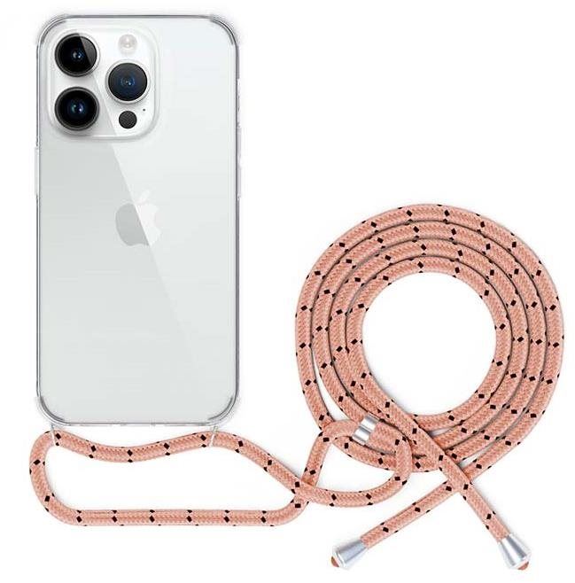 Kryt na mobil Spello Crossbody kryt se šňůrkou pro iPhone 15 Pro - transparentní / růžová šňůrka