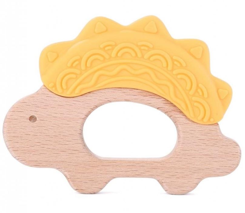 Kousátko Elpinio dřevěné kousátko se silikonovým dinosaurem - žluté