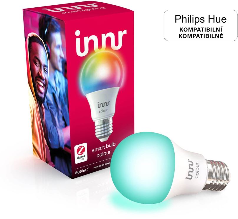 LED žárovka Innr Chytrá LED žárovka E27 Colour, kompatibilní s Philips Hue, 1M barev a tóny bílé