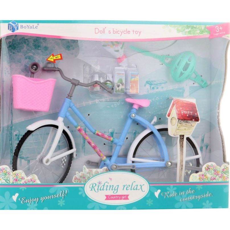 Jízdní kolo pro panenky 27cm modré s růžovým košíčkem