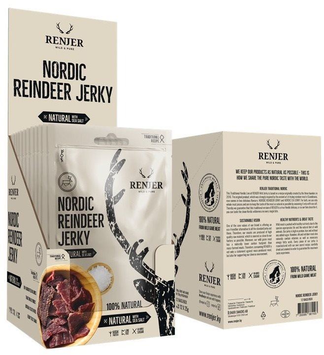 Sušené maso Renjer Traditional Nordic Reindeer (Sobi) Jerky Sea Salt 300 g display