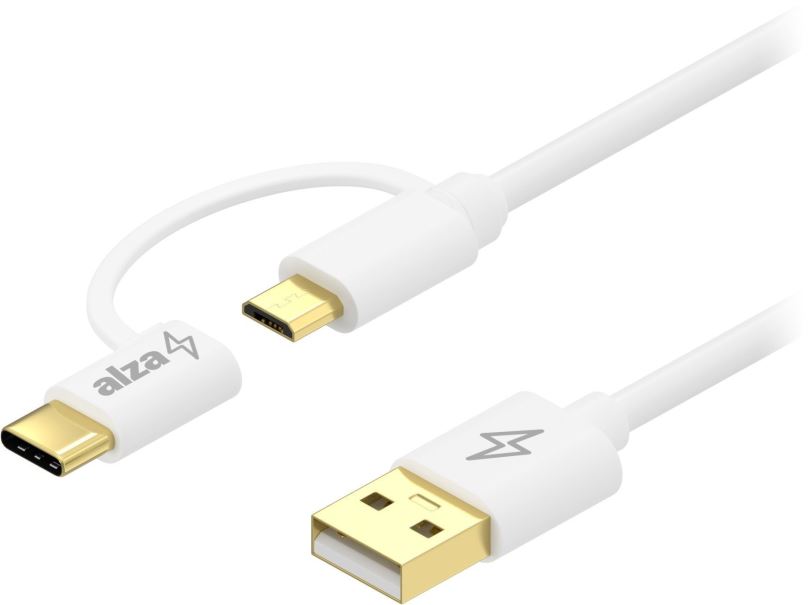 Datový kabel AlzaPower Core 2in1 Micro USB + USB-C 0,5m bílý