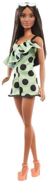 Panenka Barbie Modelka - Limetkové šaty s puntíky